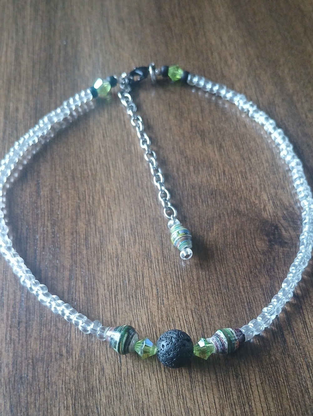 Clear Beaded Necklace with Green Swarovski Crystals
